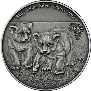 2012 - Baby Lion Silver Ounce - Gabon 1000 Francs Antique Finish 1 Oz Coin