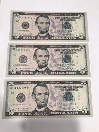Three Sequential 2006 $5 Five Dollar Bill Federal Reserve Note Uncirculated