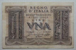 Vintage Wwii 1939 Italian 1 Lira Note,  Paper Money,  Circulated