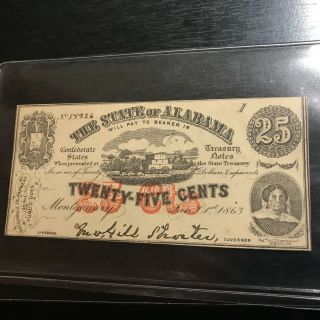 1863 The State Of Alabama 25 Cents Csa Obsolete Note
