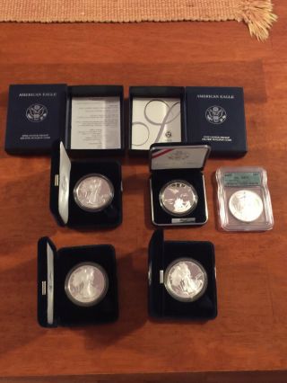 Set Of Five,  U.  S 2004 - 2005 American Eagle Silver Dollar Proof Coins