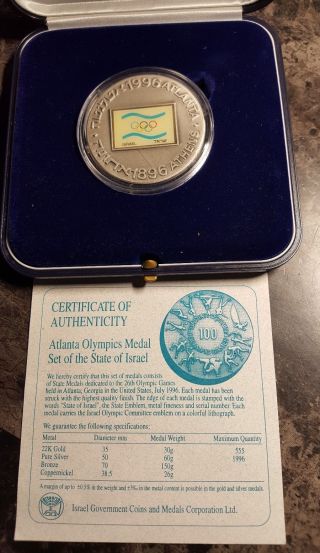 1996 Atlanta Olympics Games Medal 999.  9 Silver Israel State 100 Olympics Games