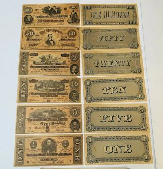 1864 Csa Confederate Money 12 Currency Notes 2 Each Of $1 $5 $10 $20 $50 $100