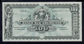 Ecuador Banco Sur Americano 100 Sucres 1920 Pick S254 Au.