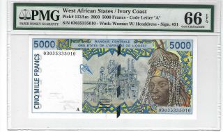 P - 113am 1998 5000 Francs,  West African States / Ivory Coast Pmg 66epq Gem,