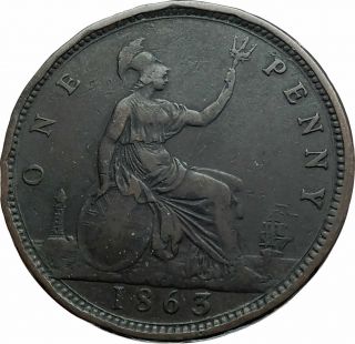 1863 Uk Great Britain United Kingdom Queen Victoria Penny Coin I79516