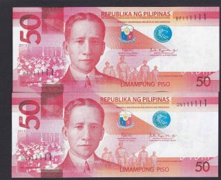 Philippines 50 Peso Ngc Solid Serial 111111 (2018,  2019) 2 Notes Uncirculated