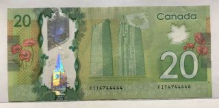 Almost Solid Serial Number On $20 Canadian Banknote 4744444