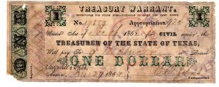 1863 $1 One Dollar Texas Treasury Warrant - Issued June 27,  1864 - Civil Service
