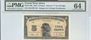 1942 French West Africa 5 Francs Pick 28b,  Pmg 65 Cu