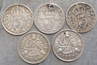 5 Silver British Threepence 1918,  1916,  1916,  1933,  1936
