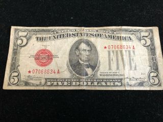 Us 1928 C $5 Five Dollar Us Star Note Red Seal Serial No.  07068634a