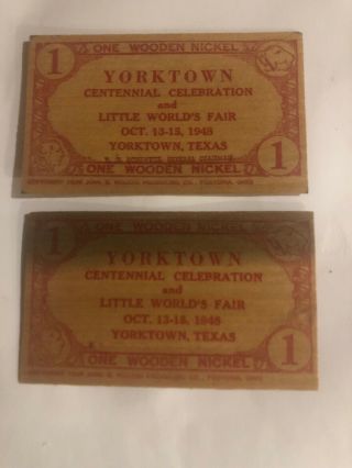 Yorktown Texas Wooden Nickle Set Of Two From World 
