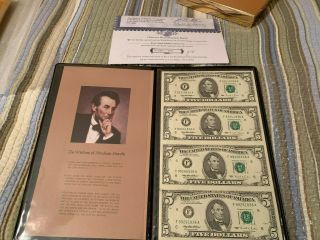 1995 Uncut Sheet $5 Federal Reserve Notes In Album 4 Bills $20 Us Currency
