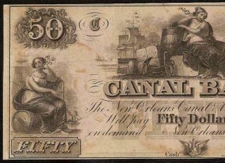 Unc 1800s $50 Dollar Orleans Canal Bank Note Large Currency Old Paper Money