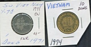 Viet Nam - Two Fantastic Historical Coins,  1971,  1 Dong,  And,  1974,  10 Dong