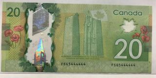 Almost Solid Serial Number On $20 Canadian Banknote 5444444