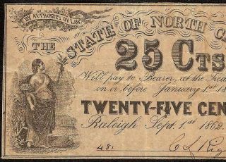 1862 North Carolina 25 Cent Note Bond Paper Back Fractional Currency Civil War