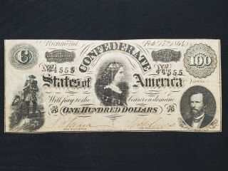 T - 65 1864 Confederate Currency $100 One Hundred Dollars