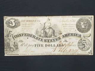 T - 36 1861 Confederate Currency $5 Ten Dollars