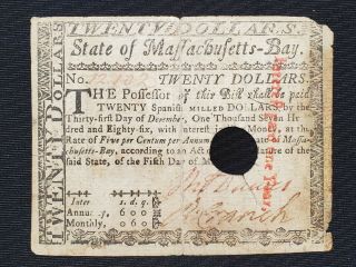 March 5,  1780 Massachusetts $20 Twenty Dollars Hall & Sellers