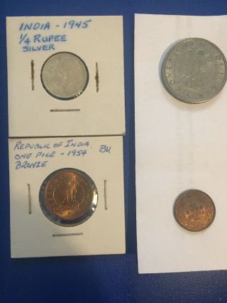 India 4 Coins 1945 1/4 Rupee Sil.  - 1955 - 1/12 Anna,  1950 - 1 Rupee,  1954 - 1 Pice