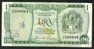 1973 Malta 1 Lira Note.