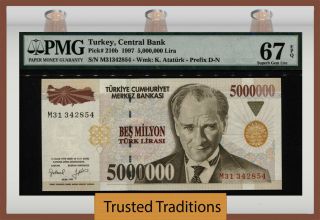 Tt Pk 210b 1997 Turkey Central Bank 5000000 Lira Pmg 67 Epq Gem Unc