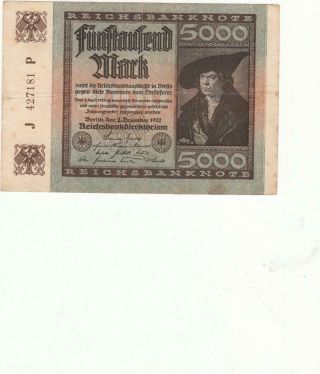 German Germany Banknote 5000 Mark - 1922