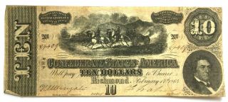 1864 Confederate States Of America Richmond 10 Dollars Civil War Banknote