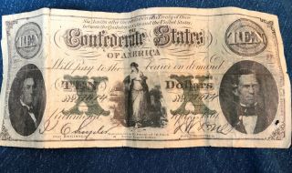 1861 $10 Dollar Bill Confederate States Currency Civil War Note Old Paper Money