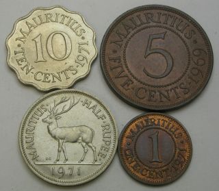Mauritius 1,  5,  10 Cents & 1/2 Rupee 1969/1971 - 4 Coins.  - 500