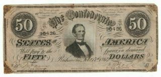 1864 Confederate States Csa $50 Fifty Dollar Richmond Va 3 Series Note Hcon90436