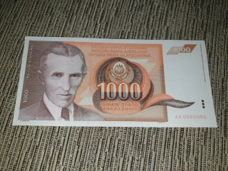 Yugoslavia 1000 Dinara 1990.  Aunc - Zero Serial Number