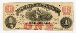 July 21,  1862 Cr.  17 $1 Virginia Treasury Note - Civil War Era Au
