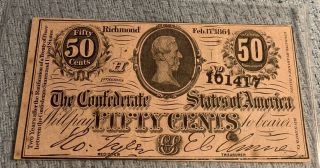Confederate Csa T72 1864 Fifty Cent Note