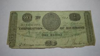$1 1861 Richmond Virginia Va Obsolete Currency Bank Note Bill Corporation Of