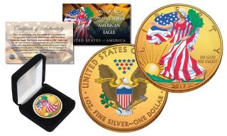 Combo 24k Gold Gilded / Color 2017 American Silver Eagle 1 Oz.  999 Coin W/ Box