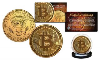 BITCOIN Physical Commemorative Crypto 24K Gold Plated JFK Half Dollar U.  S.  Coin 2