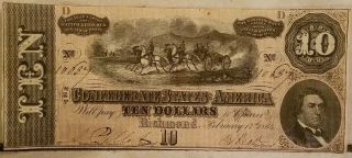 1864 $10 Dollar Bill - Confederate States Currency - Civil War Note