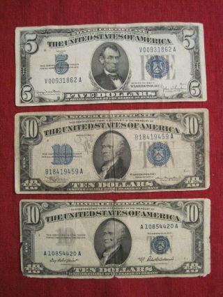 Series 1934 $5 Five And $10 Ten Dollar Bills Blue Seal Silver Certificates