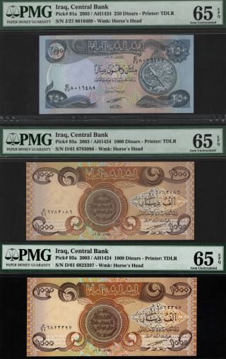 Tt Pk 91a & 93a 2003 Iraq 250 & 1000 Dinars Pmg 65 Epq Gem Unc Set Of Three