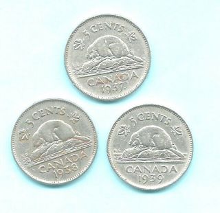 3 Geo Vi Canadian 5 Cents - Low Mintage 1937 Dot 4.  5,  938 3.  9 & 1939 5.  6 Mil.