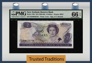 Tt Pk 170b 1985 - 89 Zealand 2 Dollars " Queen Elizabeth Ii " Pmg 66 Epq Gem