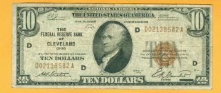1929 Federal Reserve Bank Of Cleveland,  Ohio $10 National Currency Note