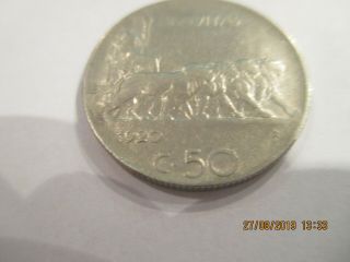 1920 R Italy 50 Centesimi Reeded Edge Coin,  Km - 61.  2