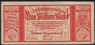 1923 1 Million Mark Regensburg Germany Old Vintage Emergency Money Banknote Vf