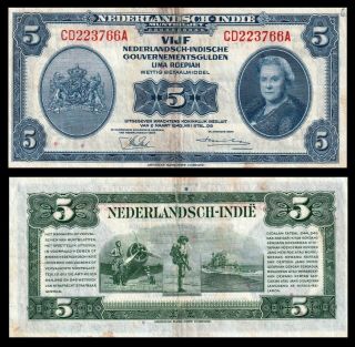 Netherlands Indies (indonesia) 1943 Pick 113a 5 Gulden Queen Wilhelmina Wwii