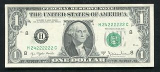 1977 - A $1 Frn Federal Reserve Note “near Solid Serial H24222222c” Gem Unc