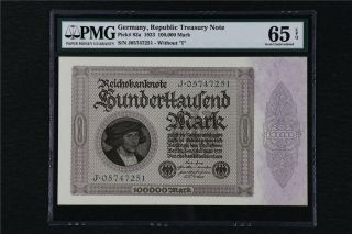 1923 Germany Republic Treasury Note 100000 Mark Pick 83a Pmg 65 Epq Gem Unc